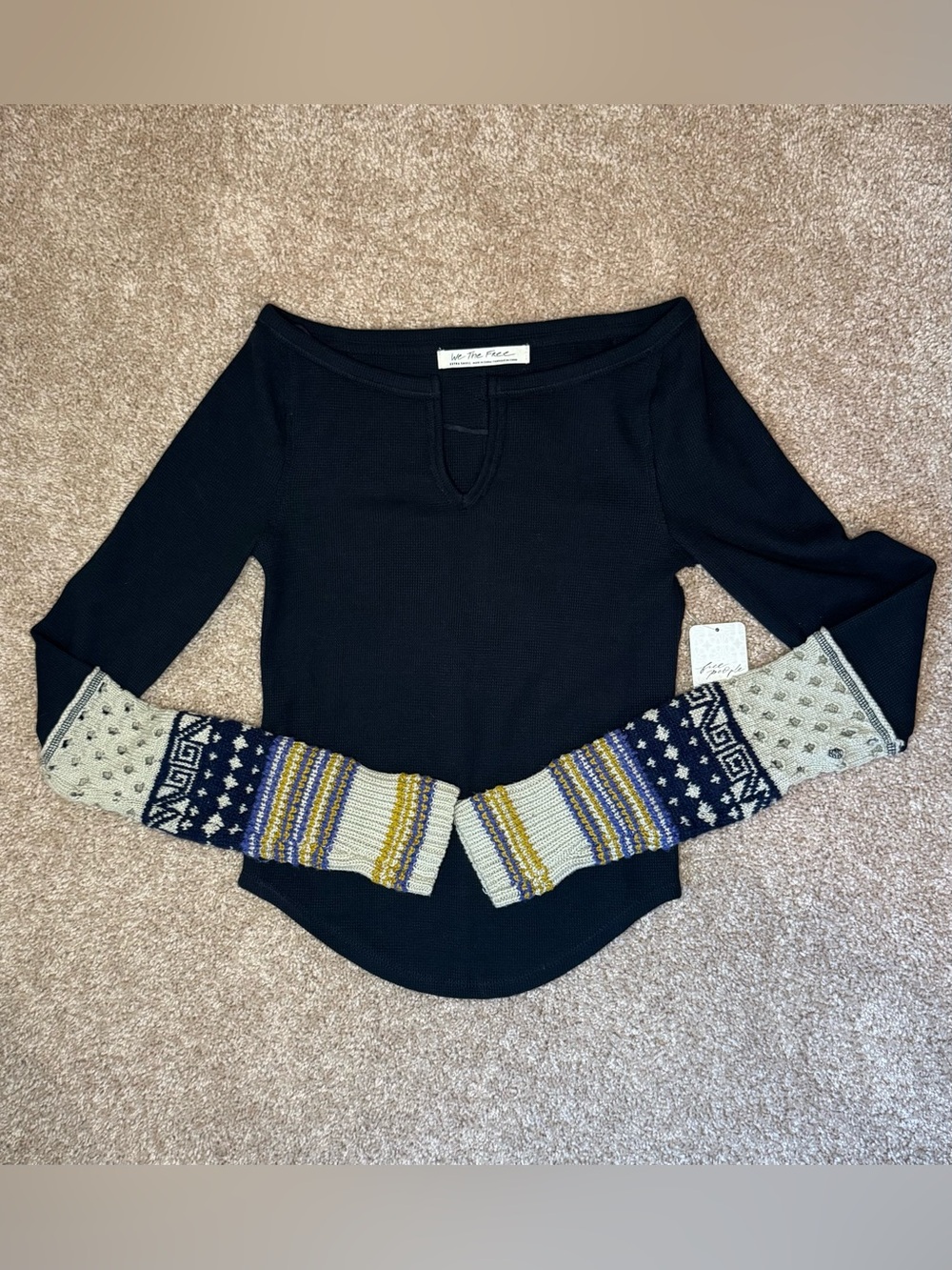 Free People Cozy Craft Cuff Thermal Top SizeXS Black Boatneck Waffle Knit Grunge - Picture 5 of 14